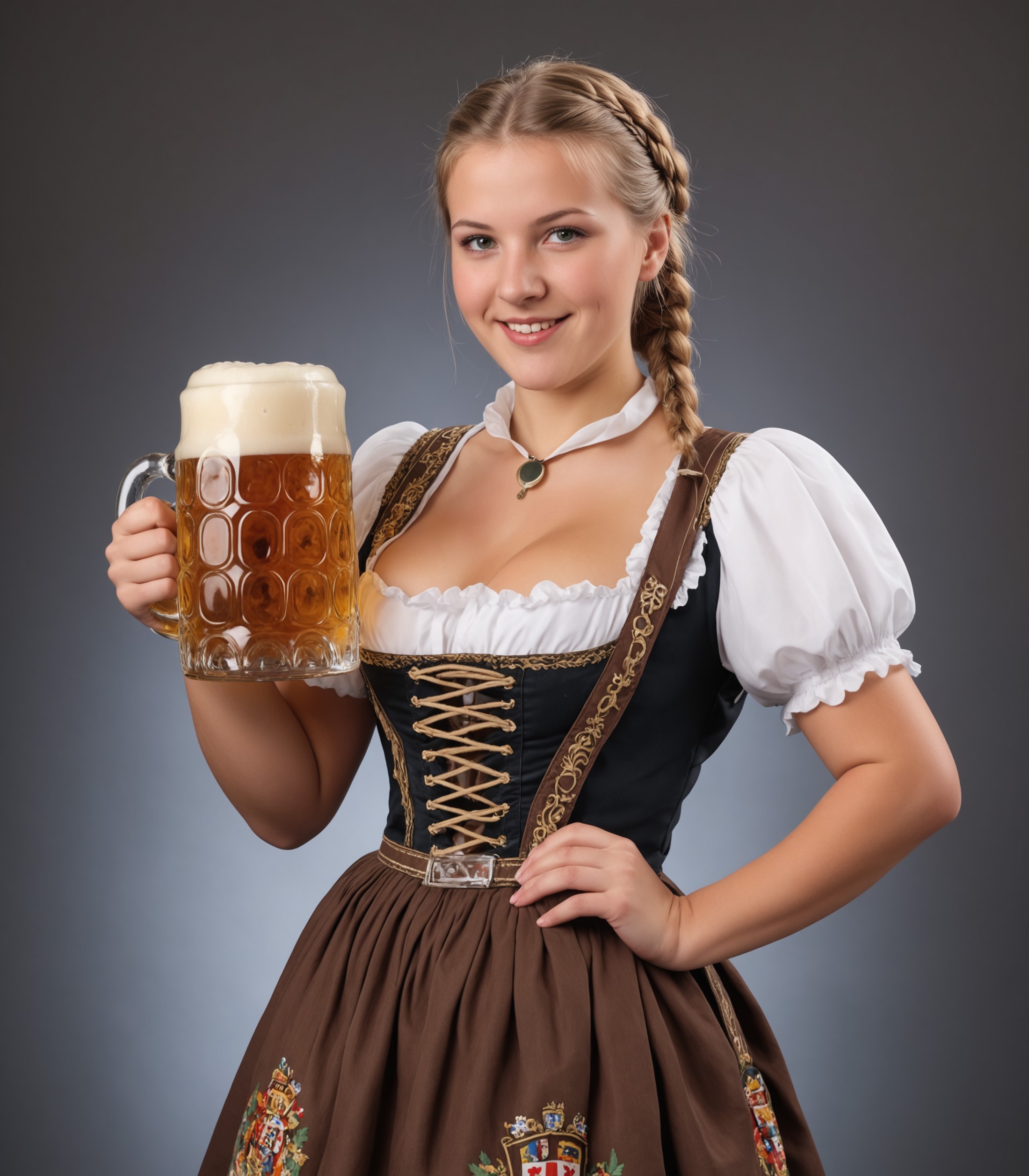 a german woman, 20 years old, wearing traditional bavarian dress, holding a giant beer mug